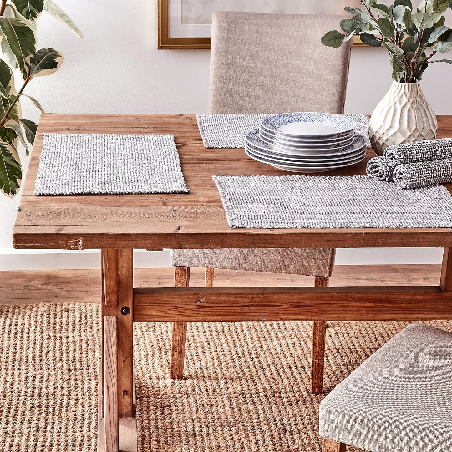 Sweet Home Collection 100% Cotton Placemats, Set of 6, Two Tone Woven Fabric, 13" x 19", Soft Durable Table Mat, Gray