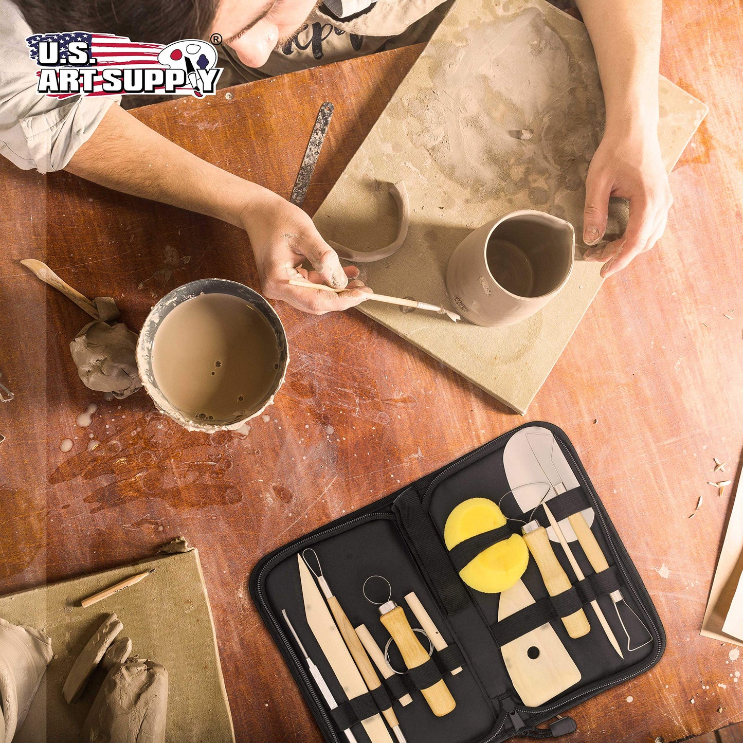U.S. Art Supply Pottery & Clay Tools Set (12-Piece) - Includes Pottery Tools, Canvas Case for Sculpting, Ceramics, and Easy Storage & Transport