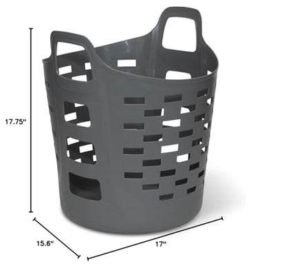 Clorox Flexible Laundry Basket - Plastic Hamper for Clothes, Bedroom, and Storage - Portable Round Bin with Carry Handles, 1 Bushel, Grey