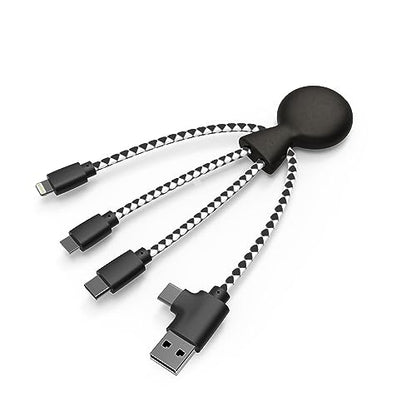 Xoopar Multi USB Cable 4 in 1 - Universal Charger Made from Recycled Plastic - USB, USB-C, Lighting, Micro USB Ports - Compatible with All Smartphones Mr Bio White Octopus