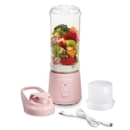 Hamilton Beach Mini Cordless Portable Personal Blender for Shakes and Smoothies, USB Rechargeable, 16 oz. Jar with Leakproof Travel Lid, 6 Stainless Steel Blades, Pink (51181)