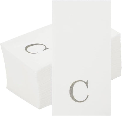 15.8 7.9 Inch 50 Luxenap X Linen-Feel Guest Towels, Lettered Hand Towels - Silver Letter 'C', Sans Serif Font, White
