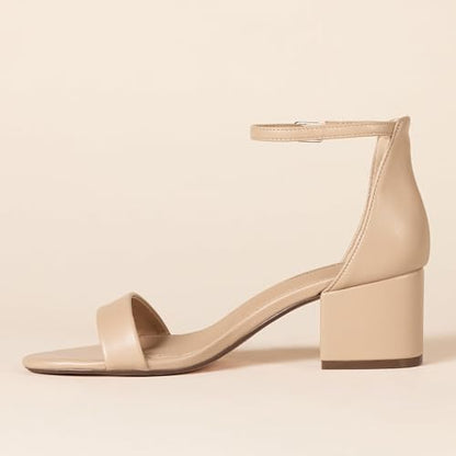 Amazon Essentials Women's Two Strap Heeled Sandal, Beige Faux Leather, 5