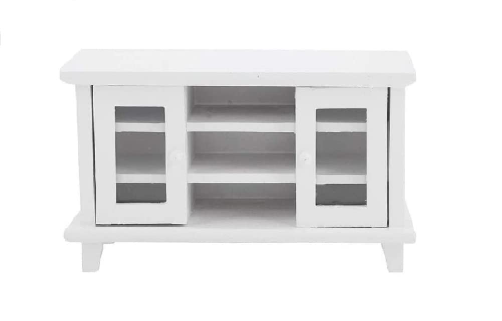 Miniature TV Cabinet Dollhouse Wooden Furniture, NO TV, Mini Accessories 1:12 Scale Mini Room Decoration Model Storage Cabinet Hobby Handcraft Gift (White)