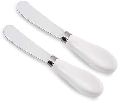 ONTUBE Butter Knife Set of 2, Stainless Steel Blade with Porcelain Handle, Big Circle Cheese Spreader Knives