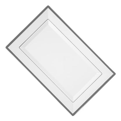 Restaurantware Moderna 11.5 x 7.3 Inch Premium Disposable Plates 100 Rectangular Plastic Plates For Parties - Silver-Rimmed Durable White Plastic Dinner Plates For Warm And Cold Foods