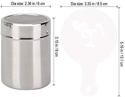 2Pcs Stainless Steel Sugar Shaker with 16Pcs Coffee Stencils Template Duster for Cocoa Flour Icing Sugar