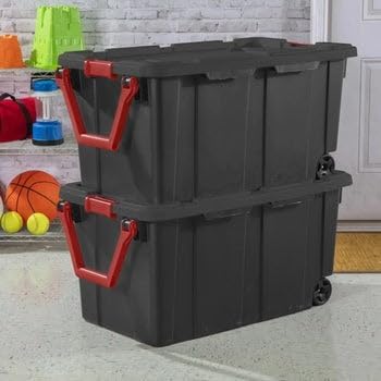 40 Gallon Wheeled Industrial Tote - Durable Black Plastic Storage Bin | Set of 2