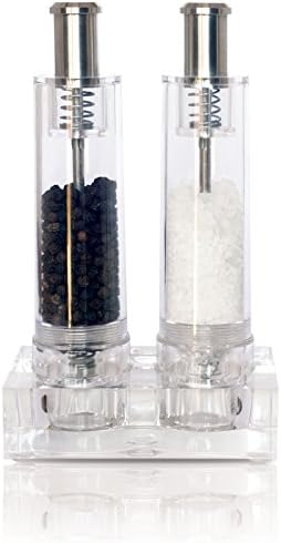 Modern Push Button Salt and Pepper Grinder Set, Refillable Mill Set with Stand