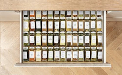 Spice Drawer Organizer with 24 Spice Jars and 216 Labels,Non-slip Rubber, Bamboo 4 Tier Spice Racks Tray Seasoning Containers for Kitchen Drawers,Cabinets,Countertops,13" Wide * 15.8" Deep