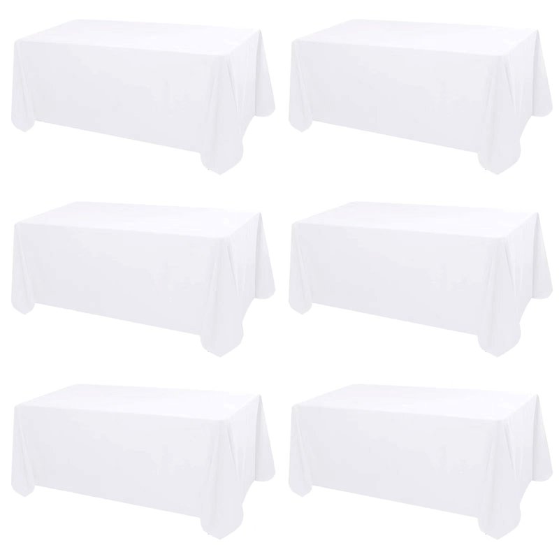 Kesfey 6 Packs White Polyester Table Cloths 90 x132 inch Rectangle High Density Tablecloth Fabric Tablecover for 6 Foot Tables Wrinkle Resistant Washable Table Cloth for Wedding Celebration Buffet