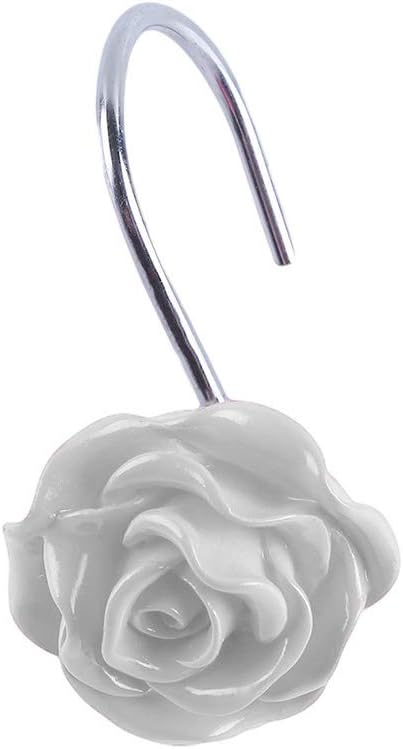 Actpe 12pcs White Rose Flower Shower Curtain Hooks, Rustproof Metal, Decorative for Bathroom, Living Room, Kid's Room