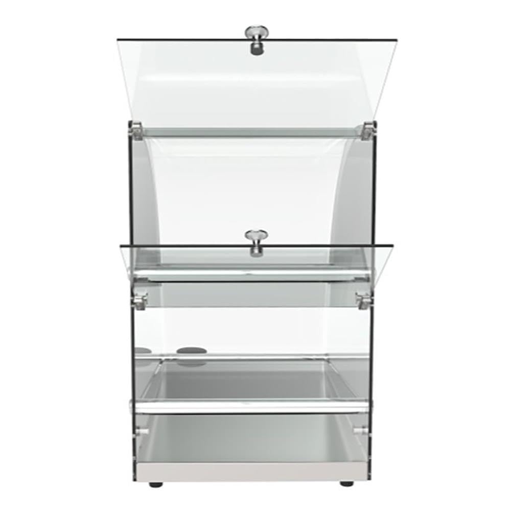 Pemberly Row 2-Tier Glass Bakery Display Case, Stainless Steel Base, Clear Tempered Glass, 20.4"H x 13.7"W x 23.6"D, Countertop Pastry Display for Muffins, Cookies, Donuts, Coffee Shop or Bakery Use