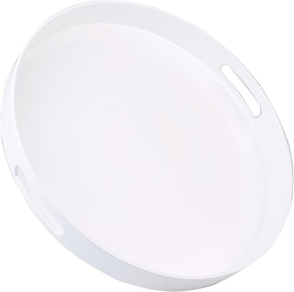 13 Round White Decorative Serving Tray with Handles, Versatile Ottoman Tray for Coffee Table, Entertaining, Outdoor