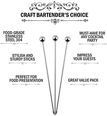 Premium Stainless Steel Cocktail Picks, 24 Pack, 4 Inch Cocktail Skewers for Drinks