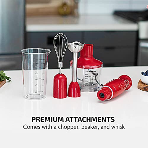 OVENTE Immersion Hand Blender, 300W Electric Handheld Portable Stick Mixer with 2 Mixing Speed and Stainless Steel Blades for Effortless Blending Smoothies, Shakes, Puree or Baby Food, Red HS560R