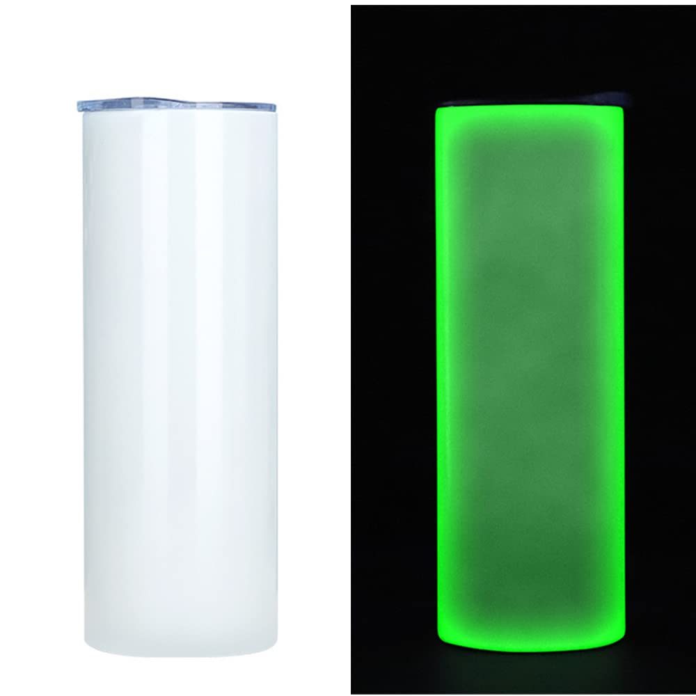 FAMKX 20oz Luminous Blanks Skinny Tumbler for Sublimation, Double Wall Stainless Steel Straight Insulated Vacuum Slim Travel Mug Glow in The Dark (Green)