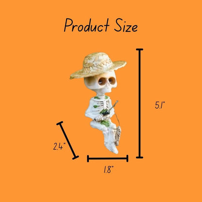 BILICAM Mini Skeleton Fishing Figurine – 4.5” Gothic Summerween Decor for Outdoor Pond, Halloween Poolside Table, or Spooky Cocktail Cup | Cute Skull Statue for Goth Garden & Halloween Party Display