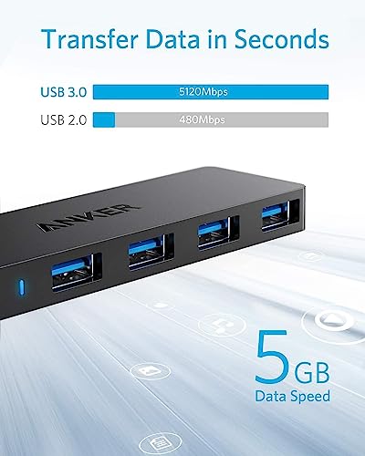 Anker 4-Port USB 3.0 Hub with 5Gbps Data Transfer, Ultra-Slim USB-C Connector Hub, for MacBook, iMac, Surface, Mobile HDD, and More (2 ft USB-C Connector, Charging Not Supported)