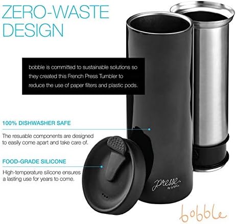 bobble French Coffee Presse, On-The-Go Use, Quick Brew, 14 oz, Peacock