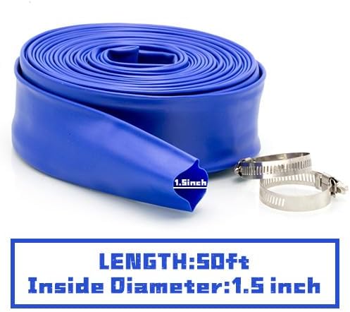 WWD POOL 1-1/2" x 50' Heavy Duty Backwash Hose with Clamp - General Purpose PVC Lay-Flat Water Discharge