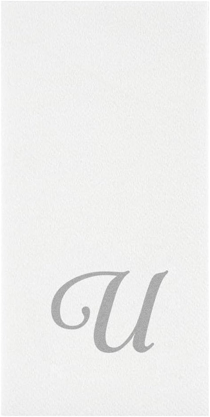 15.8 7.9 Inch 50 Luxenap X Linen-Feel Guest Towels, Disposable Striped Hand Towels - Silver Letter 'U', Cursive Font