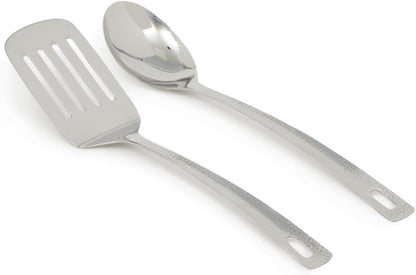 Stainless Steel Utensil Set with Elegant Hammered Finish, Includes Slotted Turner and Serving Spoon