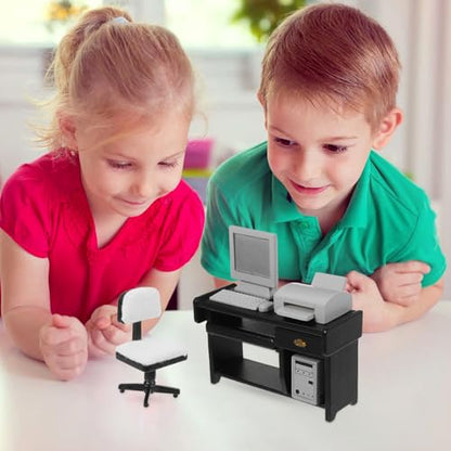 Garneck 1 Set Mini Office Desk Decor with Computer Model Miniature Office Furniture Dollhouse Accessories for Kids' Tiny House Craft