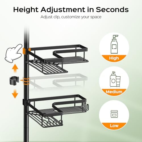 HAMITOR Shower Caddy - 4-Tier Rustproof Bathroom Organizer with Soap Holder & Hooks | Adjustable No-Drill Design (47-123 Inch)