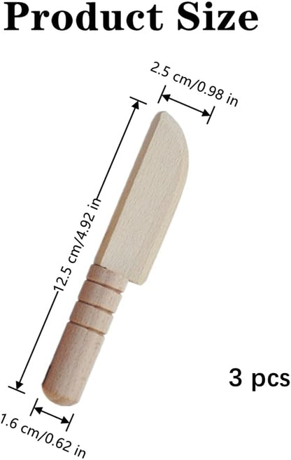 3 Pcs Wooden Kids Knife Safe Toddler Knife, Child Kitchen Tools for Cooking, Cutting Veggies, Fruits, Salad, Cake