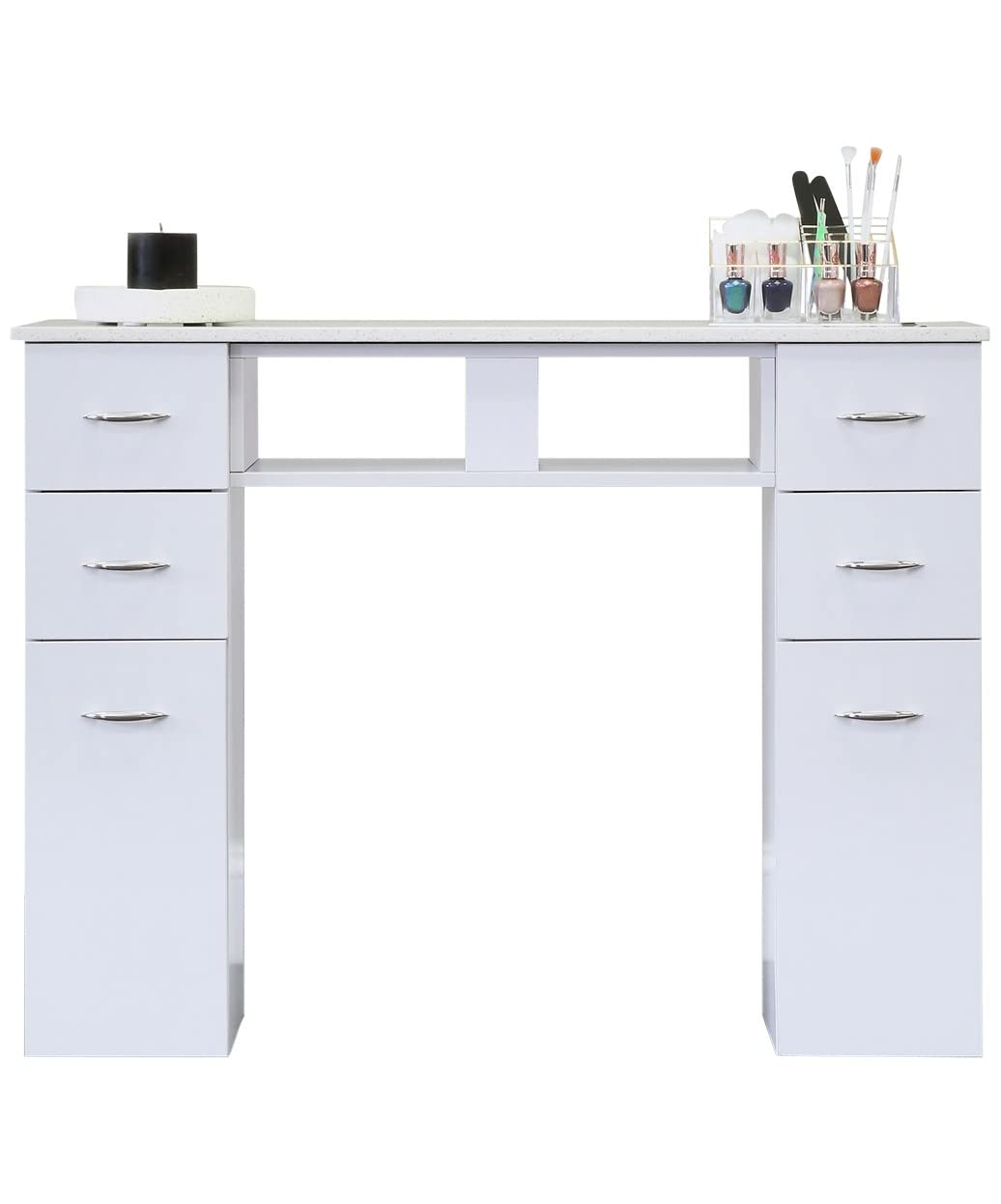 J & A White Granite Top Manicure Nail Table for Salons & Spas - 6 Storage Drawers, 2 UV Dryer Slots, Built-in Trash Compartment, Hidden Casters, Compact & Modern Workstation - JA-KM-N104-WHT