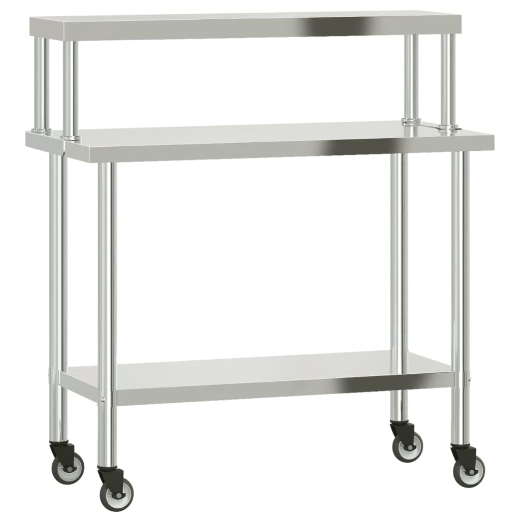 Stainless Steel Kitchen Work Table with Overshelf and Wheels, 43.3 x 21.7 Inch Commercial Prep Station for Restaurant, Home, Garage, Utility Cart