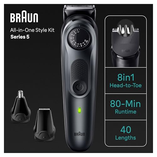 Braun All-in-One Style Kit Series 5 5470, 9-in-1 Trimmer for Men w/Beard Trimmer, Body Trimmer for Manscaping, Gillette Fusion5 ProGlide Razor, 40 Length Settings, Rechargeable Battery, Cordless