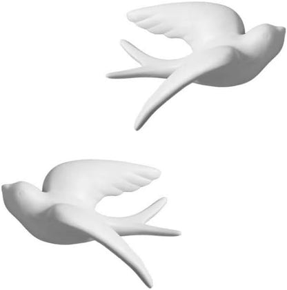 Pair of Ceramic Birds, White Wall Mounted Decor for Bathroom, Living Room, Garden Sculptures, Small