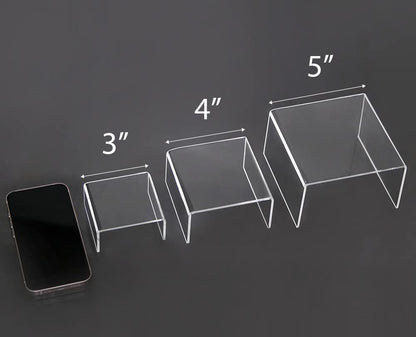 Jusalpha 6 -Piece Strong Clear Acrylic Rectangular Riser for Retail, Shelf Showcase Fixtures for Jewelry, Display Stand for Amiibo Funko POP Figures, Cupcakes, Food Display 5'' 4'' 3''(2)…