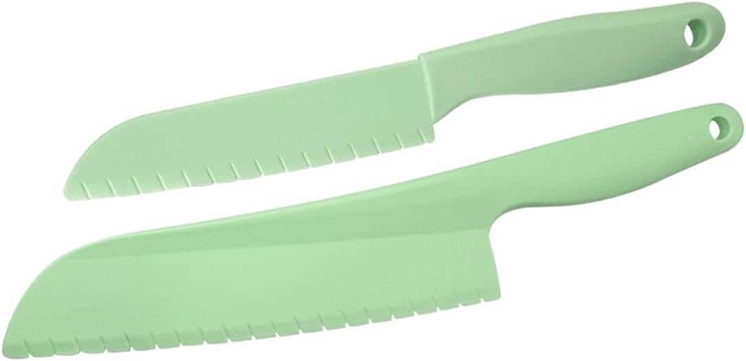 2Pcs Set,Professional Green Lettuce Knife Cutter kitchen Cooking plastic Serrated knife for Veggies, Salad,Fruit,Cake