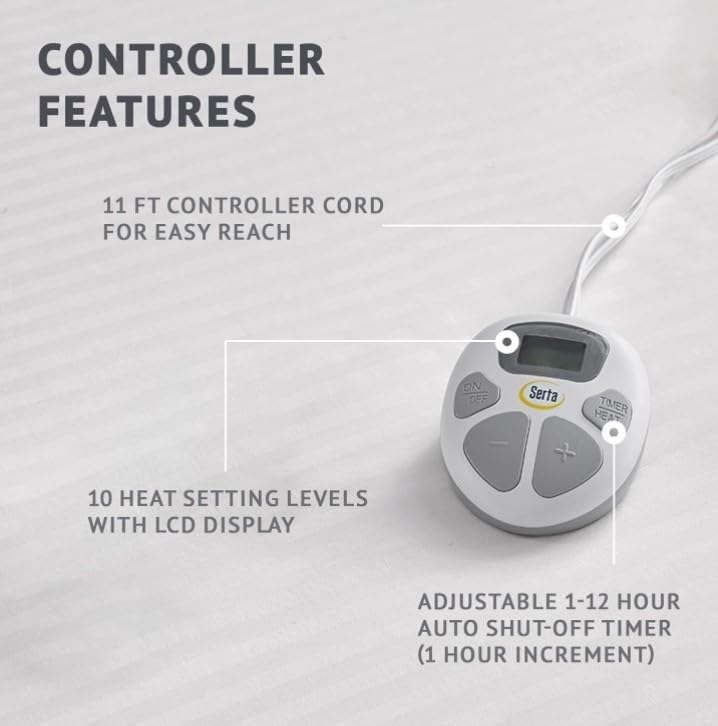 Serta Waterproof Heated Mattress Pad - Electric Bed Warmer with 10 Heat Settings, Auto Shut Off Timer, ETL Certified Electric Mattress Pad, Elastic Deep Pocket, Machine Washable, White Queen