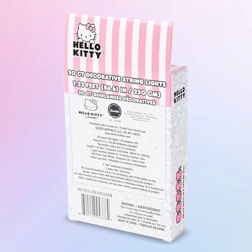 20ct 7 (2 Silver Buffalo Sanrio Hello Kitty Strawberry Dress Decorative String Lights, Feet Long, Battery Powered AA