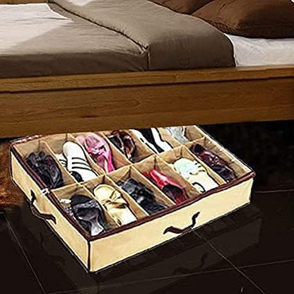 Household Shoe Bag for Ladies/Kids, 12 Cells Underbed Foldable Closet Organizer (Beige)