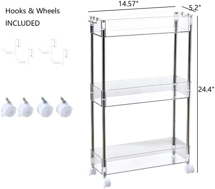 Chris.W Slim Storage Cart, 3 Tier with Wheels, Clear Bathroom Organizer for Kitchen, Laundry, Office, 5.2" W