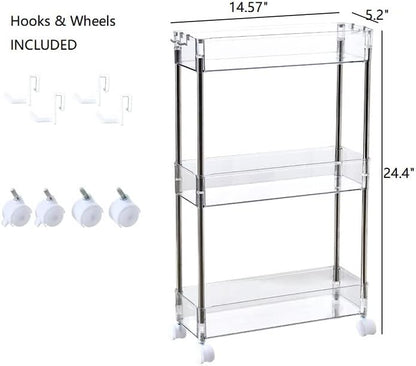 Chris.W Slim Storage Cart, 3 Tier with Wheels, Clear Bathroom Organizer for Kitchen, Laundry, Office, 5.2" W
