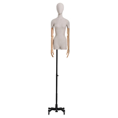 CZCZC Countertop Premium Mannequin with Metal Stand,Linen Female Mannequin,Adjustable Dress Mannequin,Flexible Form Mannequin Torso Wooden Arm Display