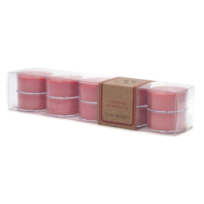 Eco Candle Co. Tea Light Candles, Crushed Cranberry, 10-Pack - Scents of Fresh Cranberries, Apples, Citrus, Clove & Cinnamon - Recyclable, 100% Soy Wax, No Lead, Kraft Paper Label & Lid, Hand Poured