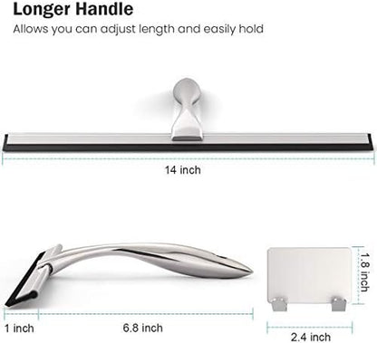 Stainless Steel Shower Squeegee, 14 Inch for Shower Doors, Bathroom, Mirrors, Tiles, Car Windows with 2 Hooks (Silver)
