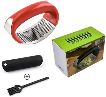 Stainless Steel Garlic Press Rocker Set - Easy Clean Kitchen Tools (Red) for Effortless Cooking