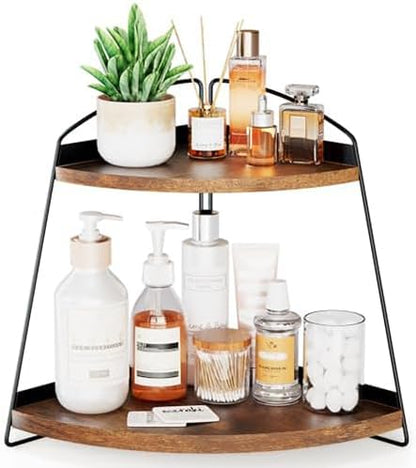 Puricon 2 Tier Corner Bathroom Counter Organizer, Wood Vanity Shelf for Skincare Storage, Brown Bathroom Organizers