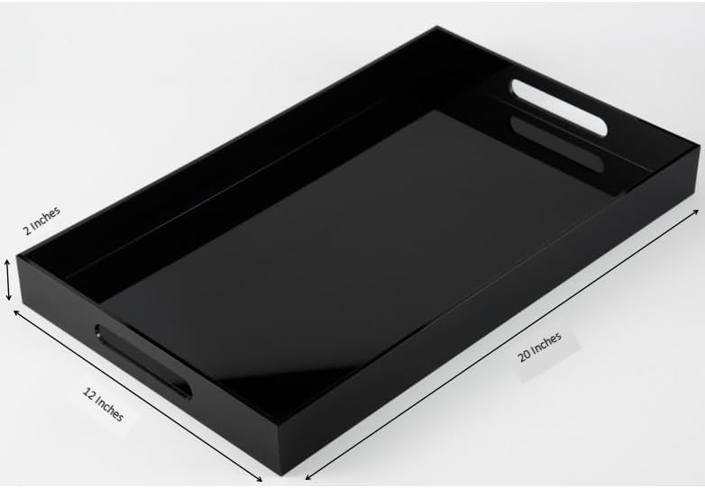 Glossy Black Sturdy Acrylic Serving Tray with Handles, 12x20 Inch, Kitchen Countertop, Makeup Drawer Organizer