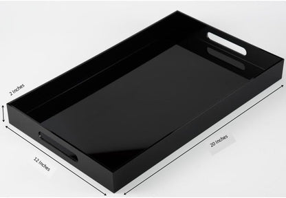 Glossy Black Sturdy Acrylic Serving Tray with Handles, 12x20 Inch, Kitchen Countertop, Makeup Drawer Organizer