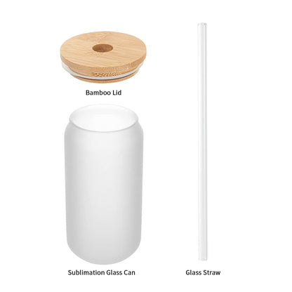 PYD Life 8 Pack Sublimation Glass Cans Blanks Frosted Bulk18 OZ with Bamboo Lid and Clear Glass Straw Beer Cans Wide Mouth Jar Tumbler Cups Mugs for Iced Coffee,Juice,Soda,Drinks,Beer
