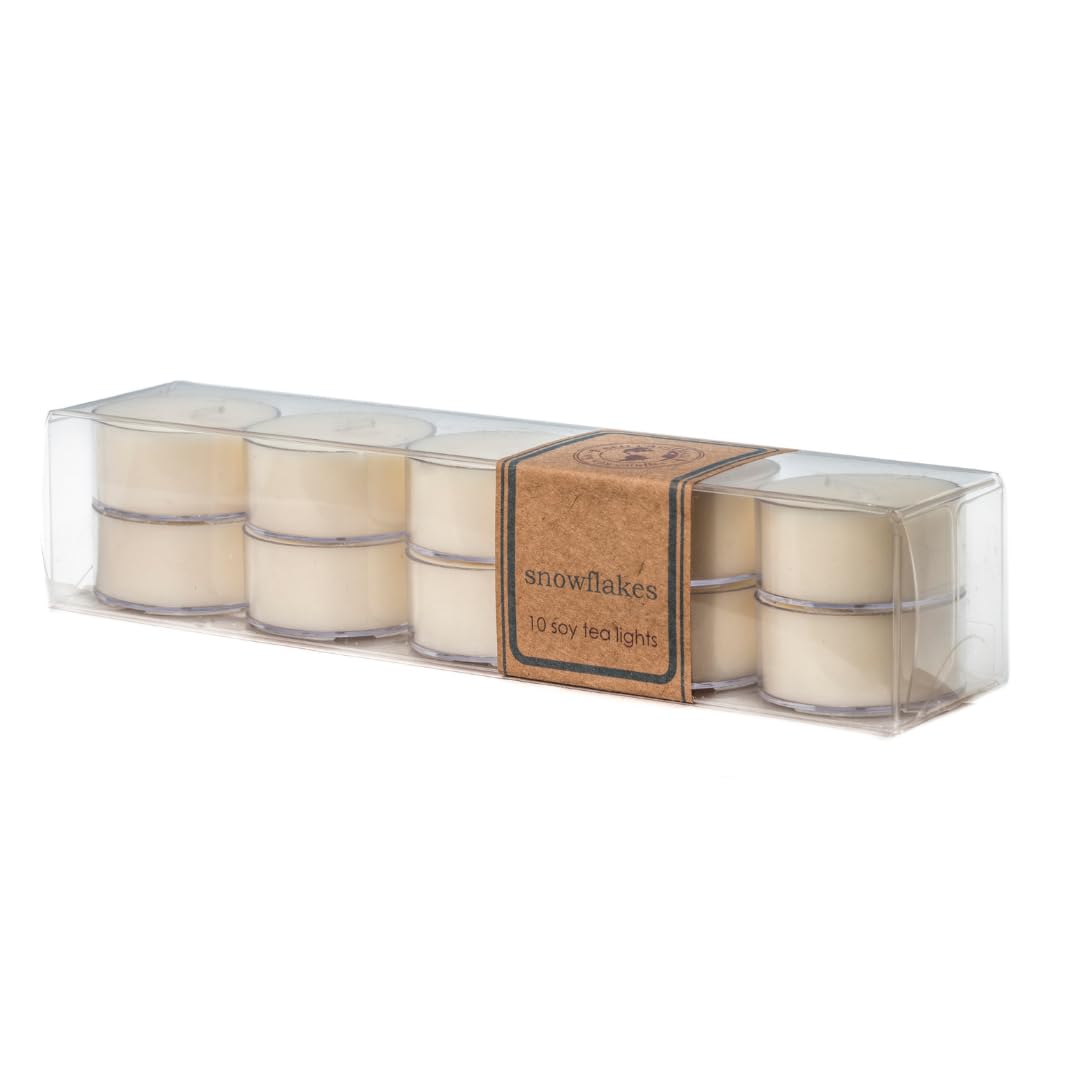Eco Candle Co. Tea Light Candles, Snowflakes, 10-Pack - Scents of Winter, Flowers, & Mint - Recyclable, 100% Soy Wax, No Lead, Hand Poured, Made from Midwest Grown Soybeans, .6 oz. Each